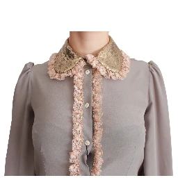Gray Silk Gold Sequin Lace Blouse Shirt