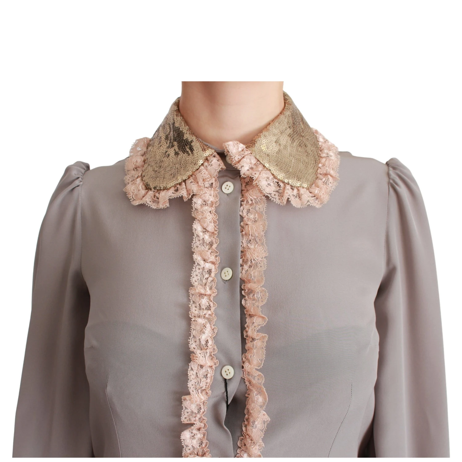 Gray Silk Gold Sequin Lace Blouse Shirt