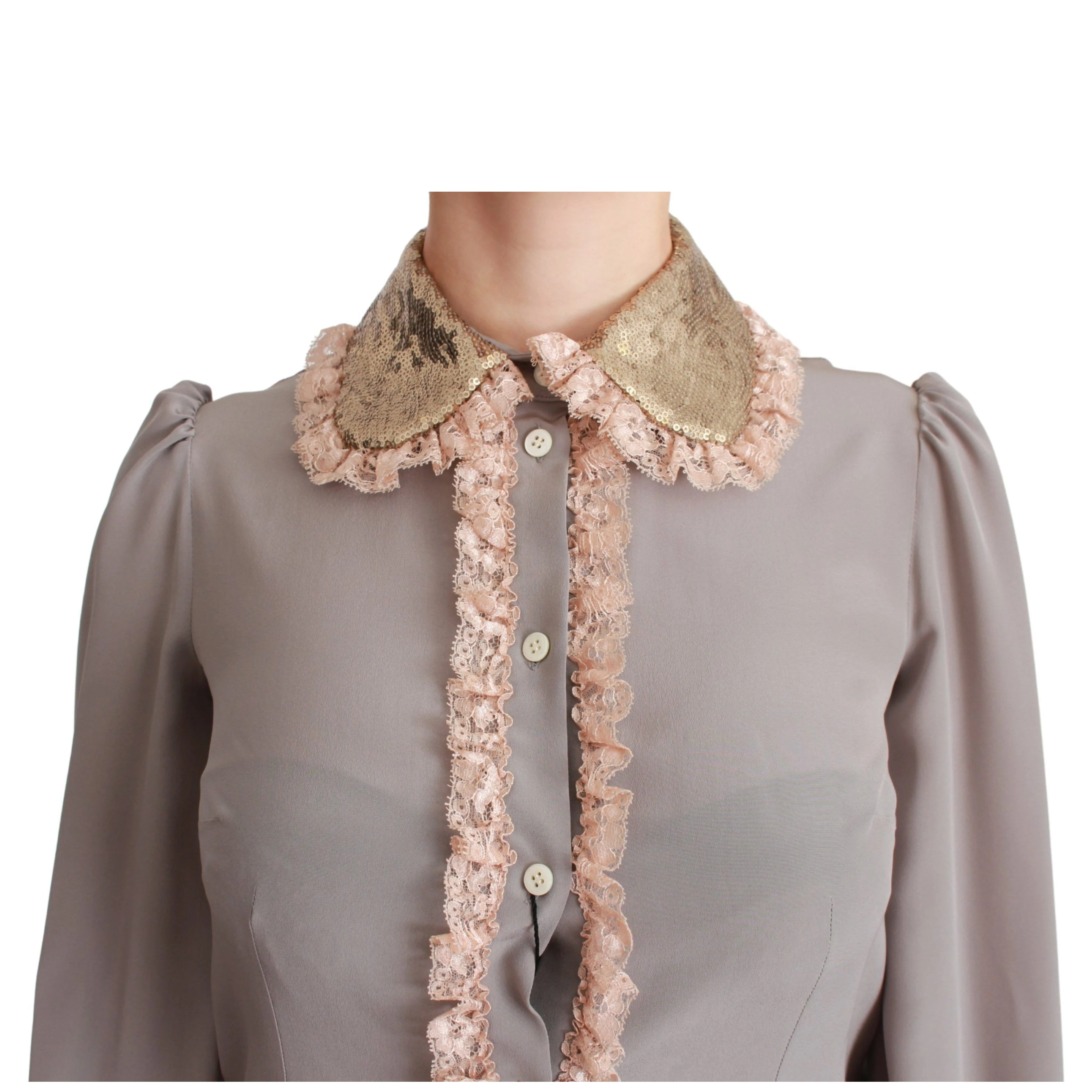 Gray Silk Gold Sequin Lace Blouse Shirt