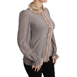 Gray Silk Gold Sequin Lace Blouse Shirt