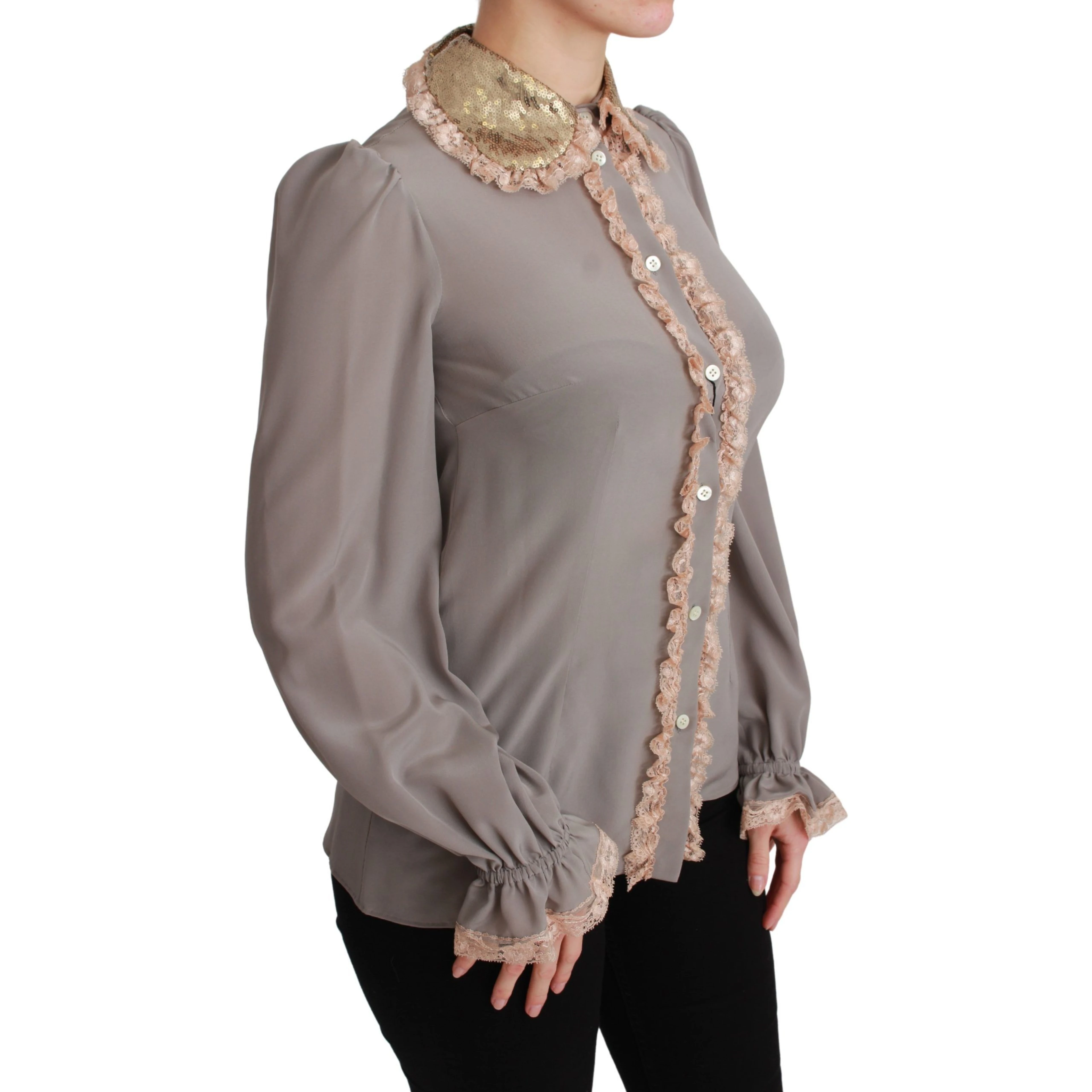 Gray Silk Gold Sequin Lace Blouse Shirt