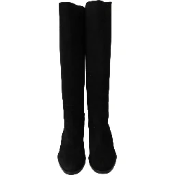 Black Suede Knee High Flat Boots Shoes