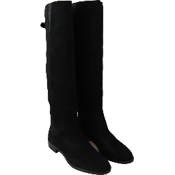 Black Suede Knee High Flat Boots Shoes