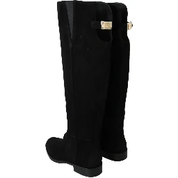 Black Suede Knee High Flat Boots Shoes