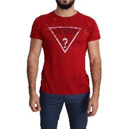 Red Cotton Logo Print Men Casual Top Perforated T-shirt