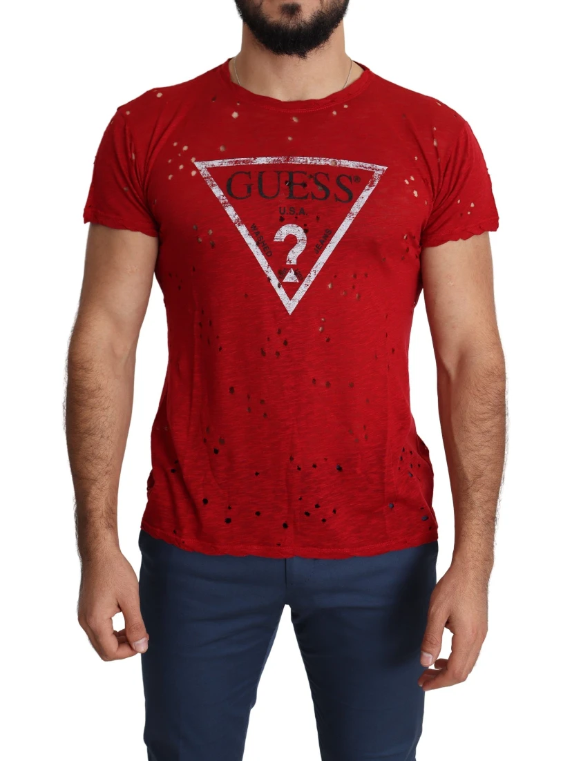 Red Cotton Logo Print Men Casual Top Perforated T-shirt