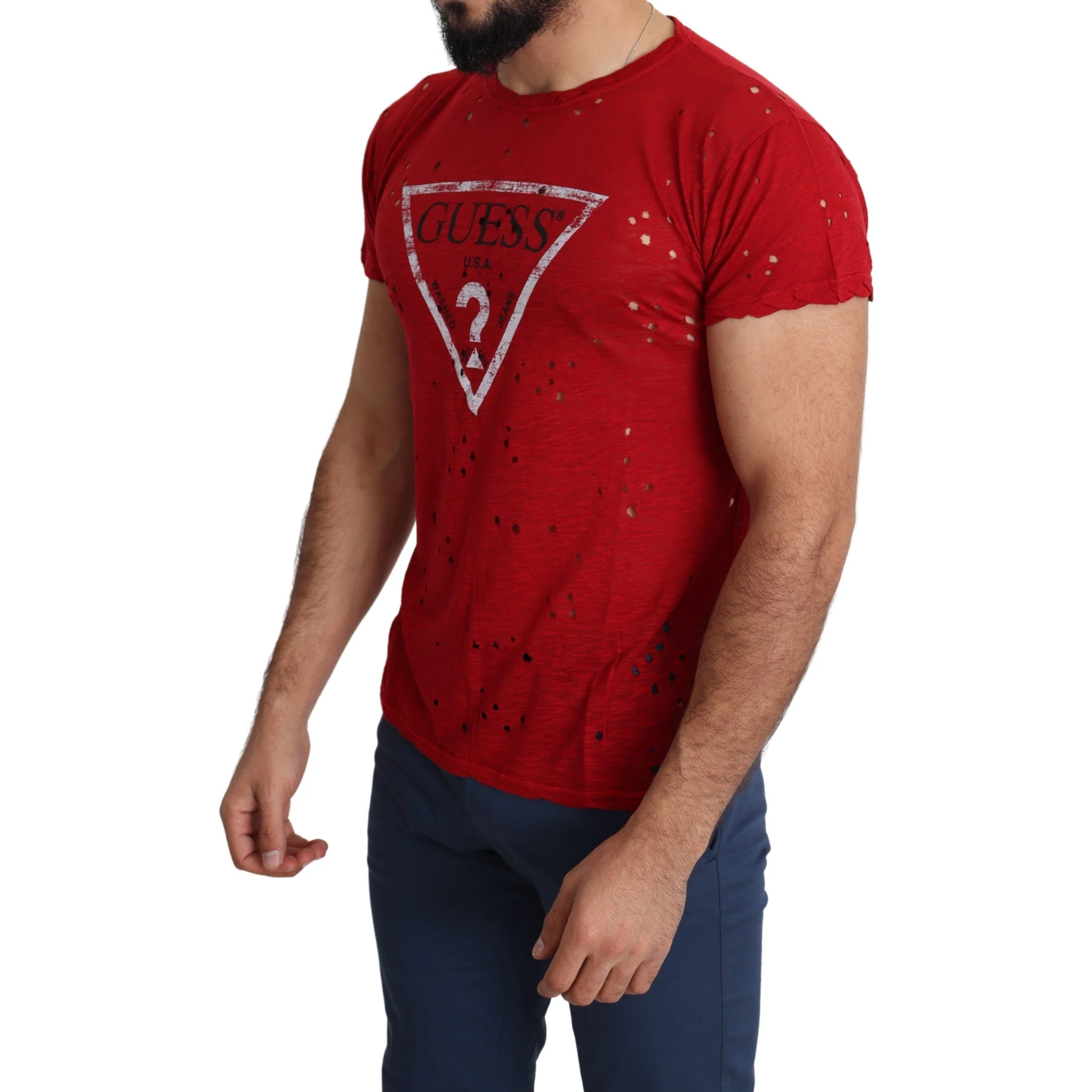 Red Cotton Logo Print Men Casual Top Perforated T-shirt