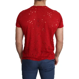 Red Cotton Logo Print Men Casual Top Perforated T-shirt