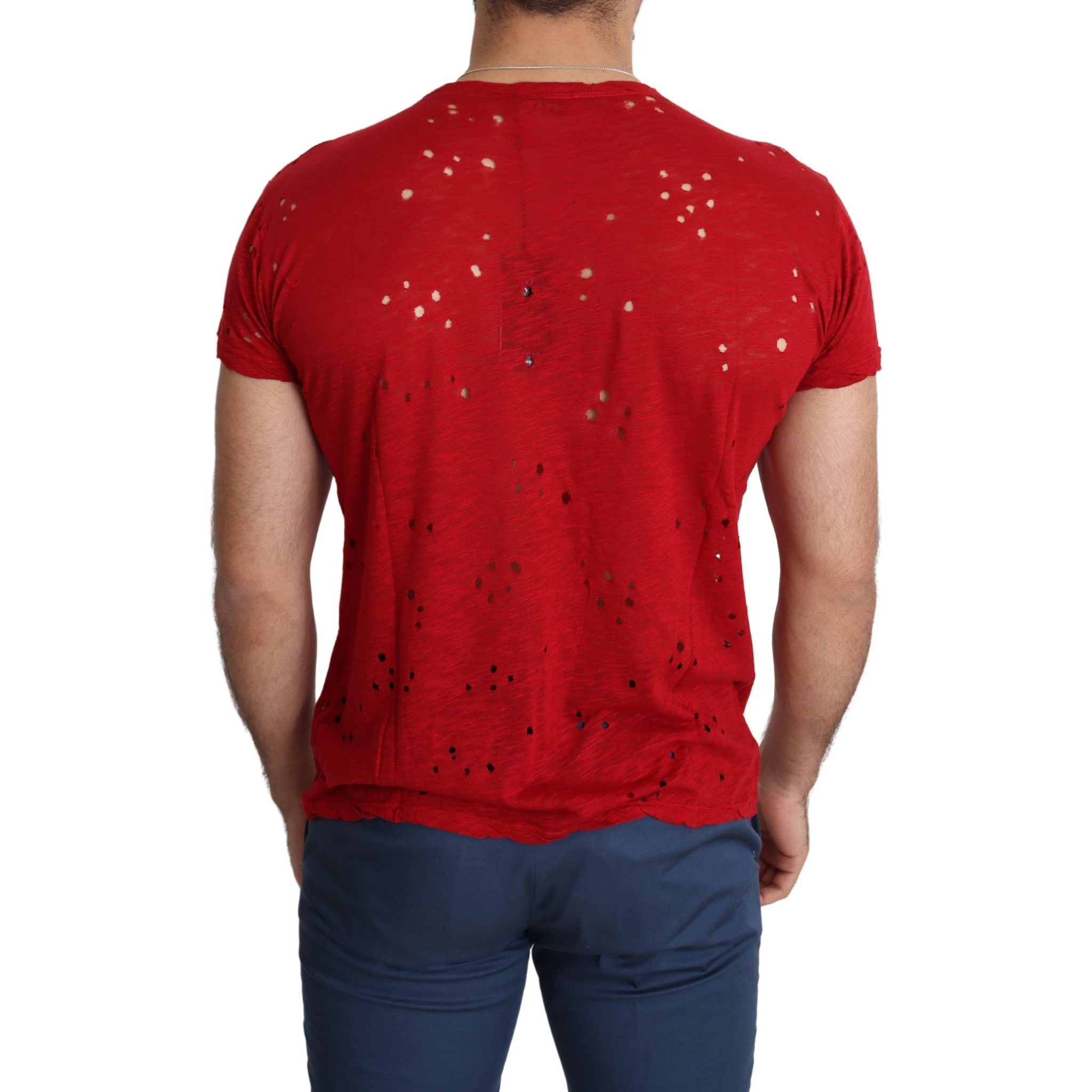 Red Cotton Logo Print Men Casual Top Perforated T-shirt