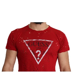 Red Cotton Logo Print Men Casual Top Perforated T-shirt