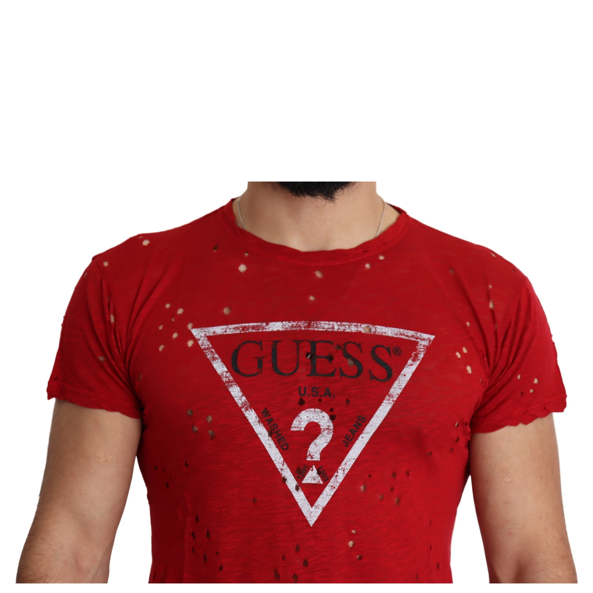 Red Cotton Logo Print Men Casual Top Perforated T-shirt
