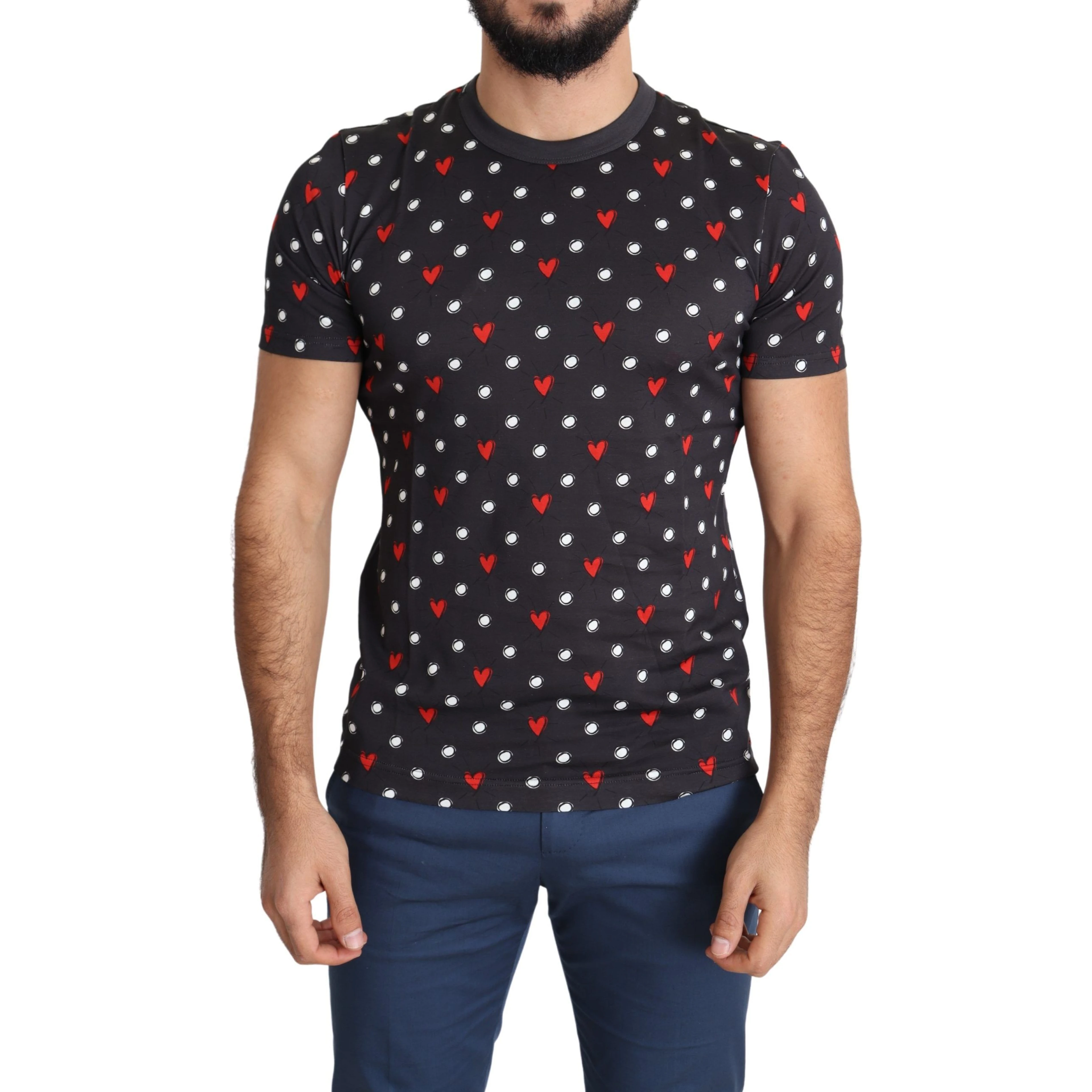 Dark Gray Hearts Print Cotton Men T-shirt