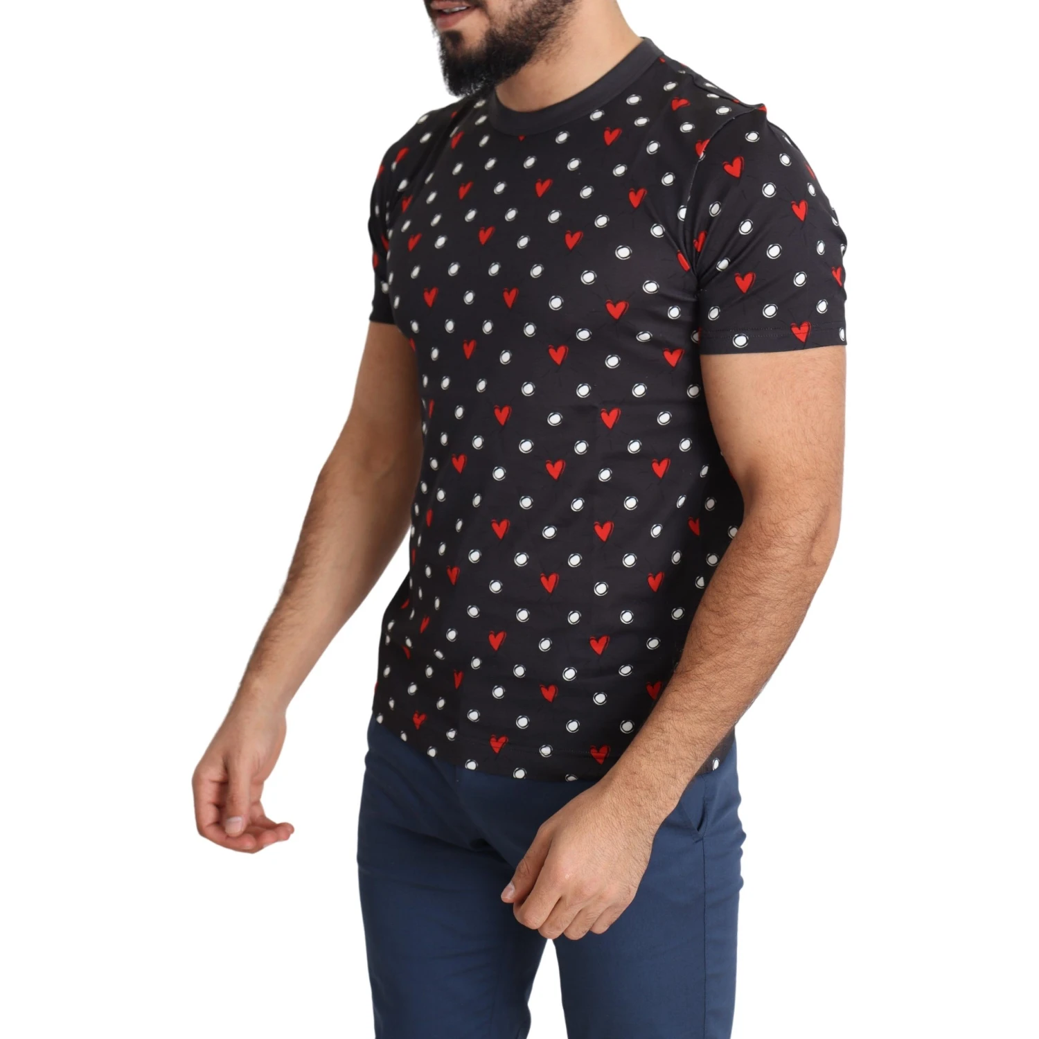 Dark Gray Hearts Print Cotton Men T-shirt