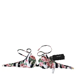 Multicolor Striped Rose Print Swimwear Bikini Tops
