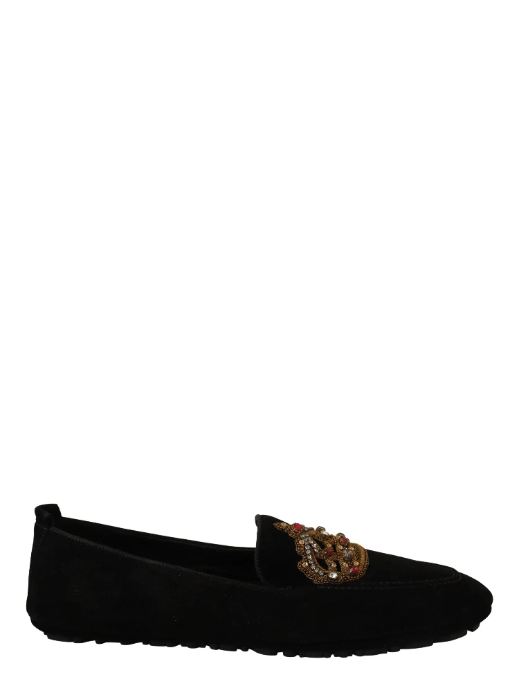 Black Leather Crystal Gold Crown Loafers Shoes