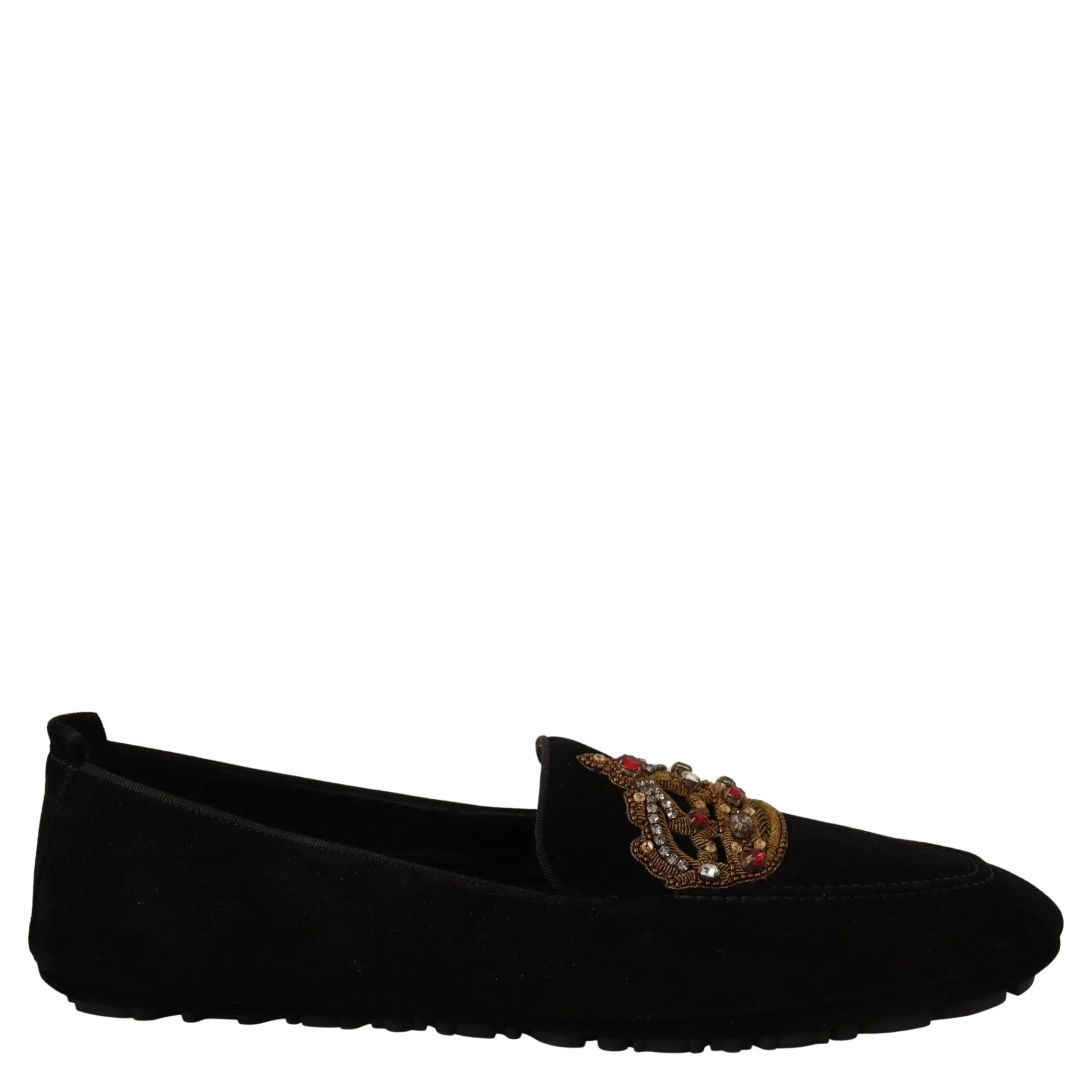 Black Leather Crystal Gold Crown Loafers Shoes