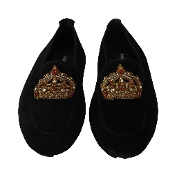 Black Leather Crystal Gold Crown Loafers Shoes