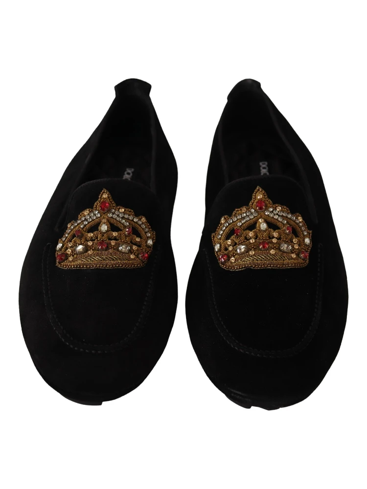 Black Leather Crystal Gold Crown Loafers Shoes alternative