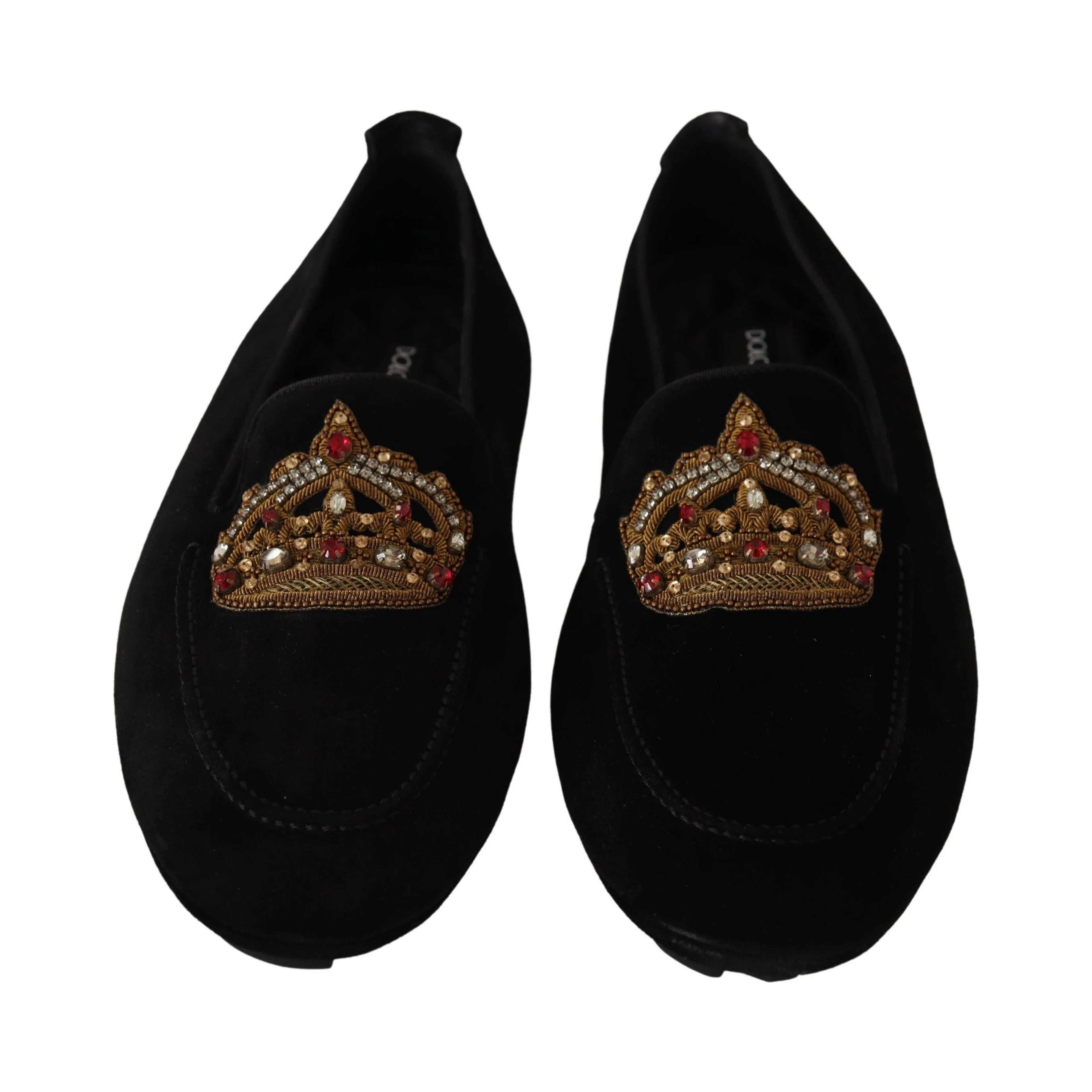 Black Leather Crystal Gold Crown Loafers Shoes