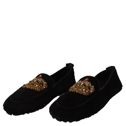 Black Leather Crystal Gold Crown Loafers Shoes