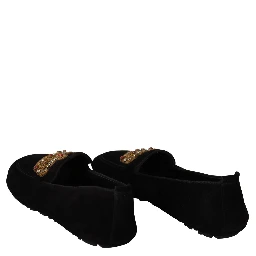 Black Leather Crystal Gold Crown Loafers Shoes