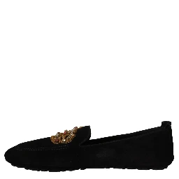 Black Leather Crystal Gold Crown Loafers Shoes