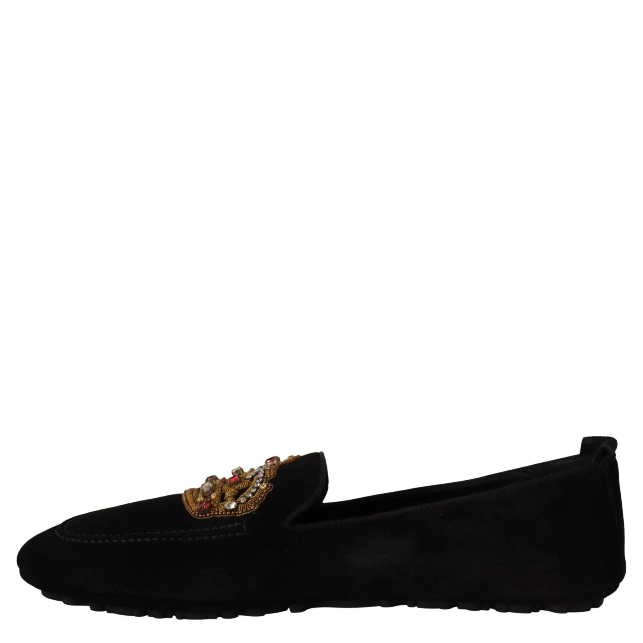 Black Leather Crystal Gold Crown Loafers Shoes