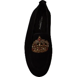 Black Leather Crystal Gold Crown Loafers Shoes