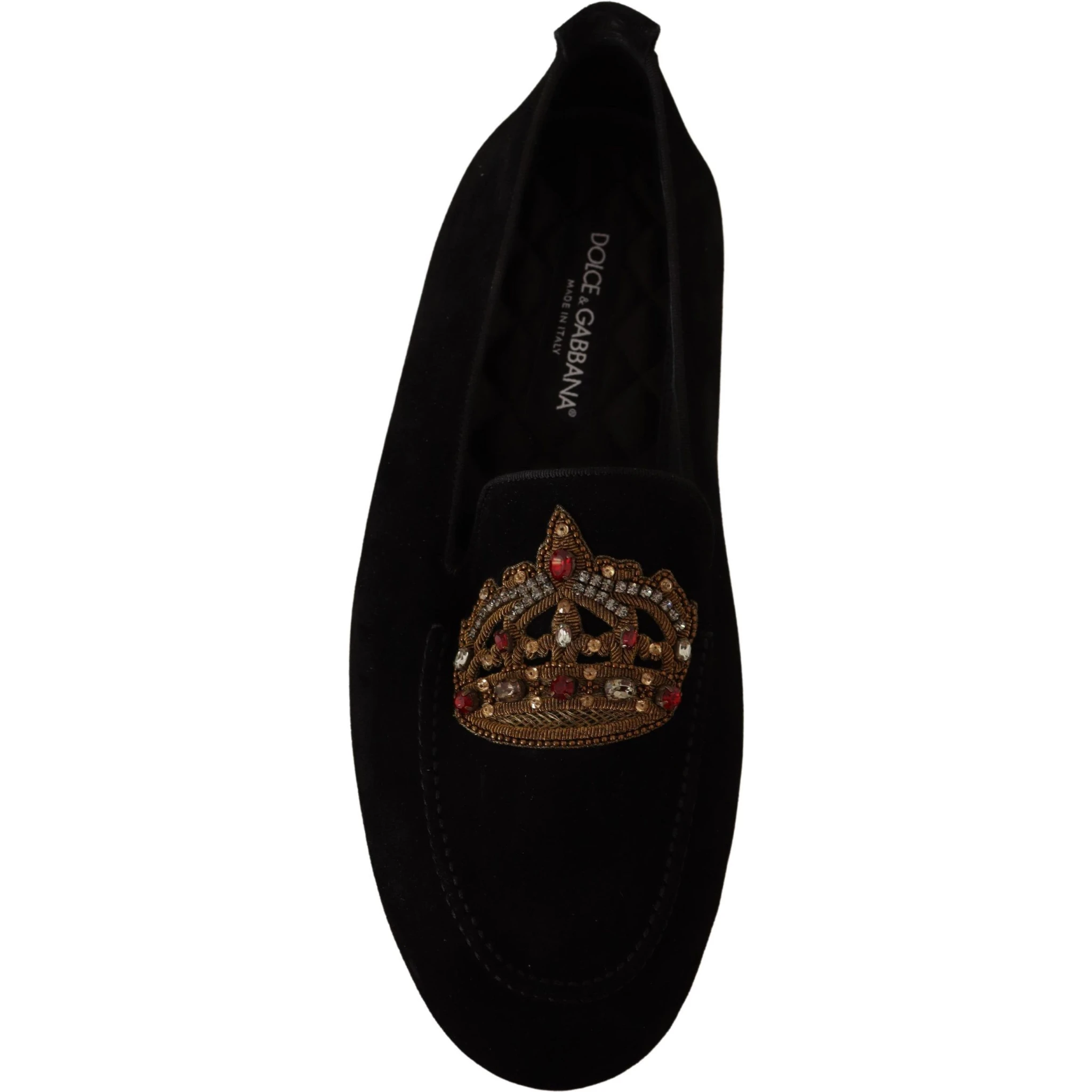 Black Leather Crystal Gold Crown Loafers Shoes