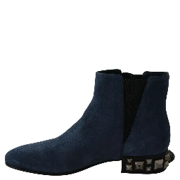 Blue Suede Embellished Studded Boots Shoes