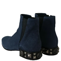 Blue Suede Embellished Studded Boots Shoes