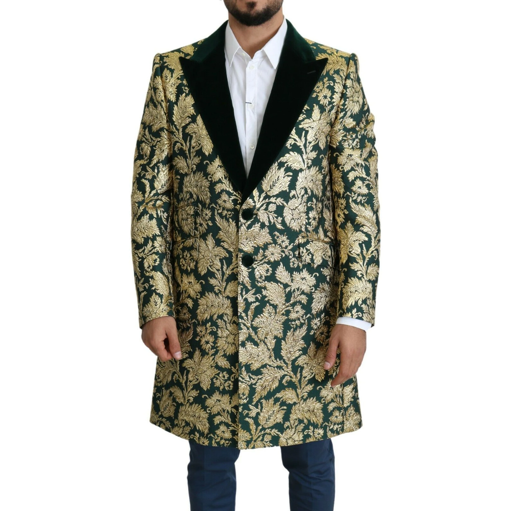 DOLCE & GABBANA Jacket SICILIA Green Gold Jacquard Long Coat