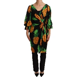 Black Ananas Print Wrap Stretch Silk Dress