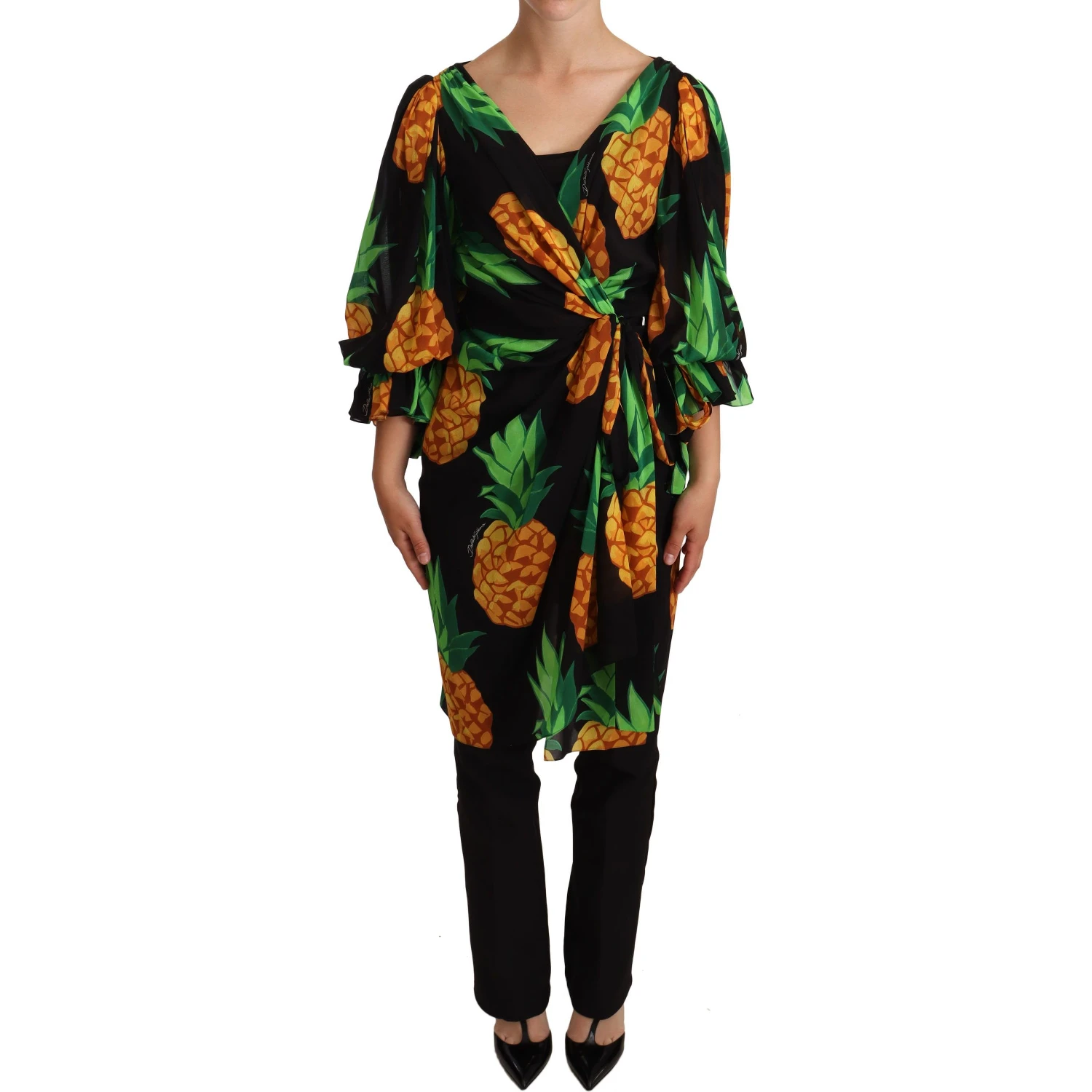Black Ananas Print Wrap Stretch Silk Dress