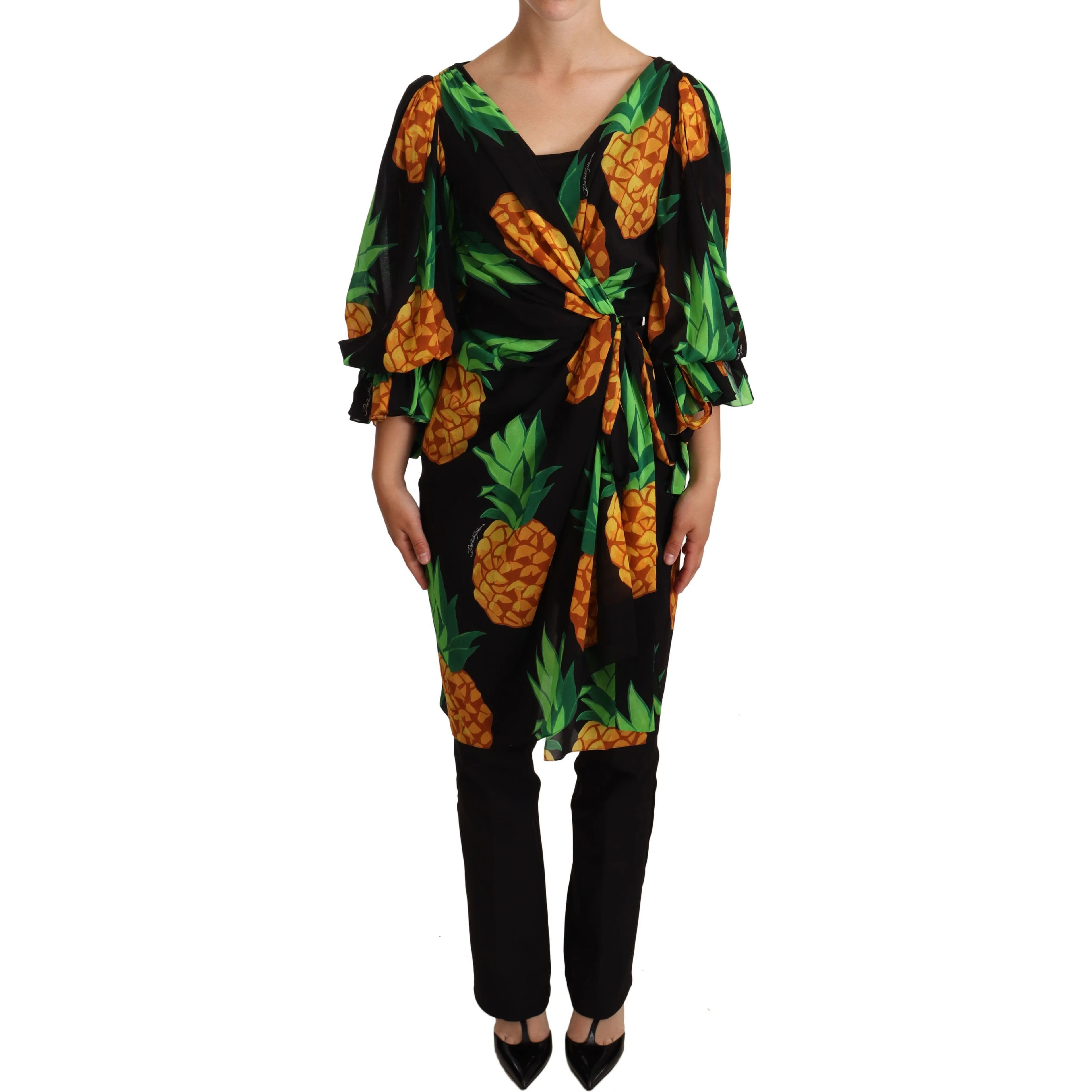 Black Ananas Print Wrap Stretch Silk Dress