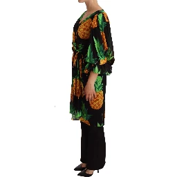 Black Ananas Print Wrap Stretch Silk Dress