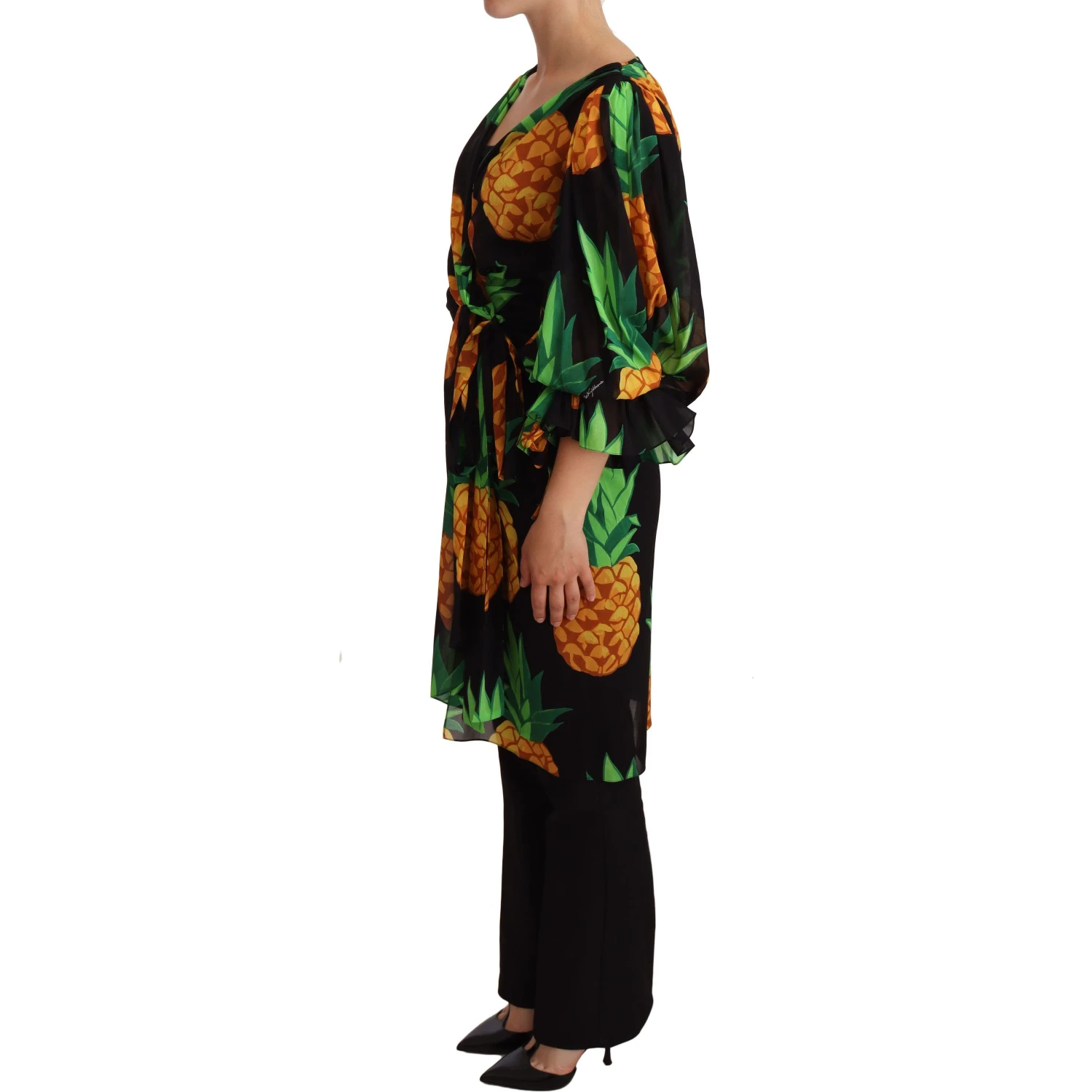 Black Ananas Print Wrap Stretch Silk Dress