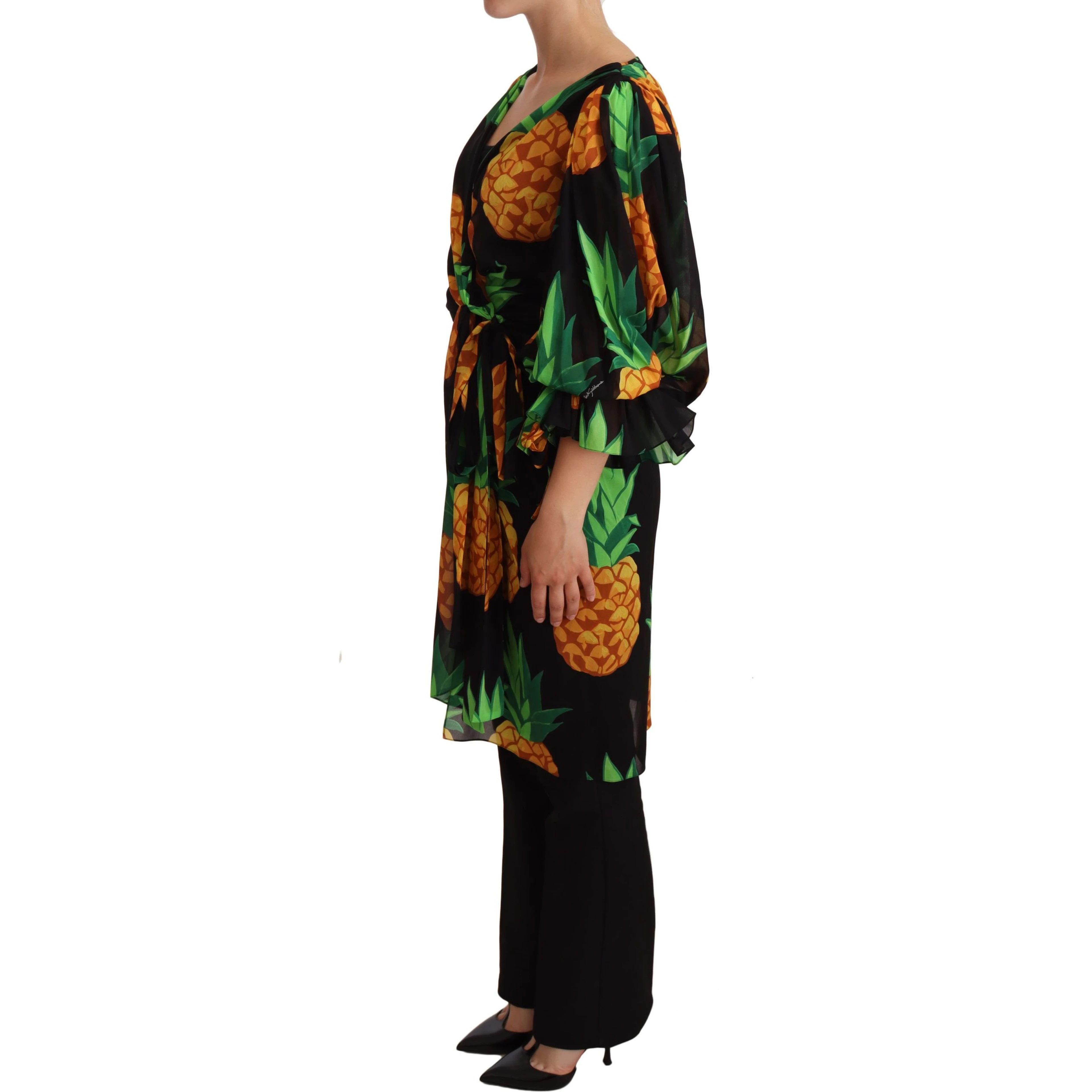 Black Ananas Print Wrap Stretch Silk Dress