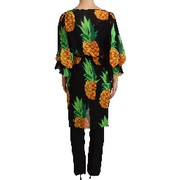 Black Ananas Print Wrap Stretch Silk Dress