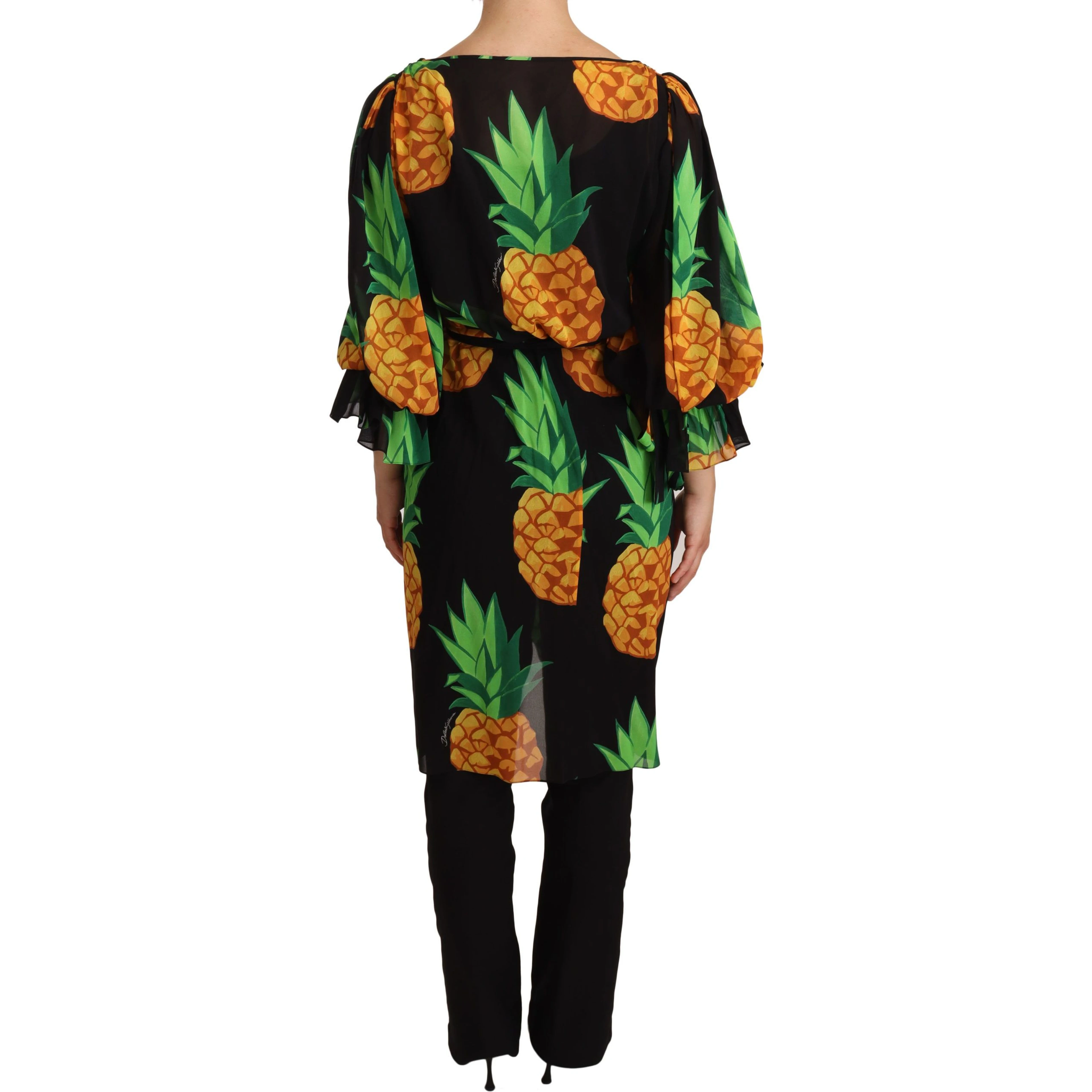 Black Ananas Print Wrap Stretch Silk Dress