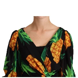 Black Ananas Print Wrap Stretch Silk Dress