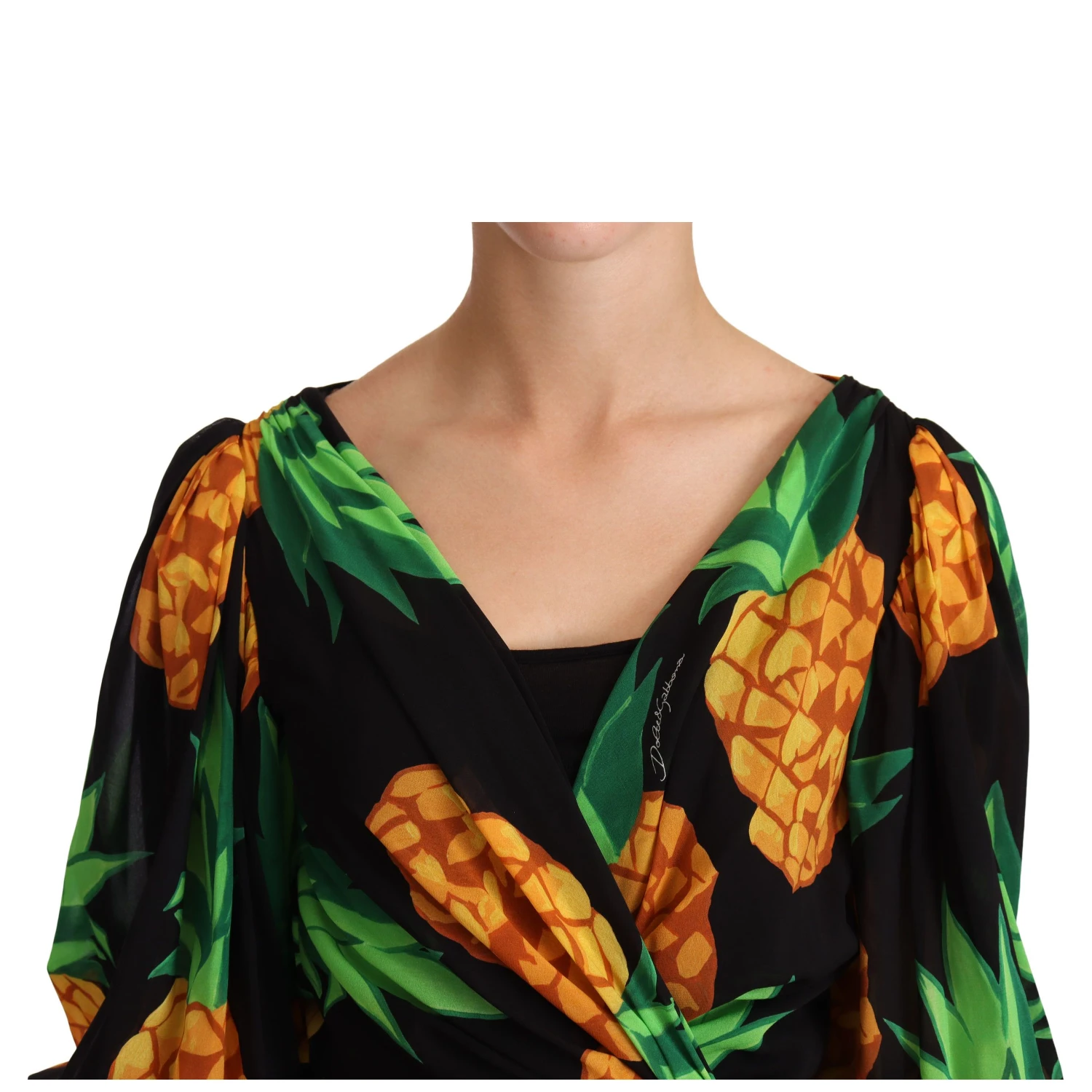 Black Ananas Print Wrap Stretch Silk Dress