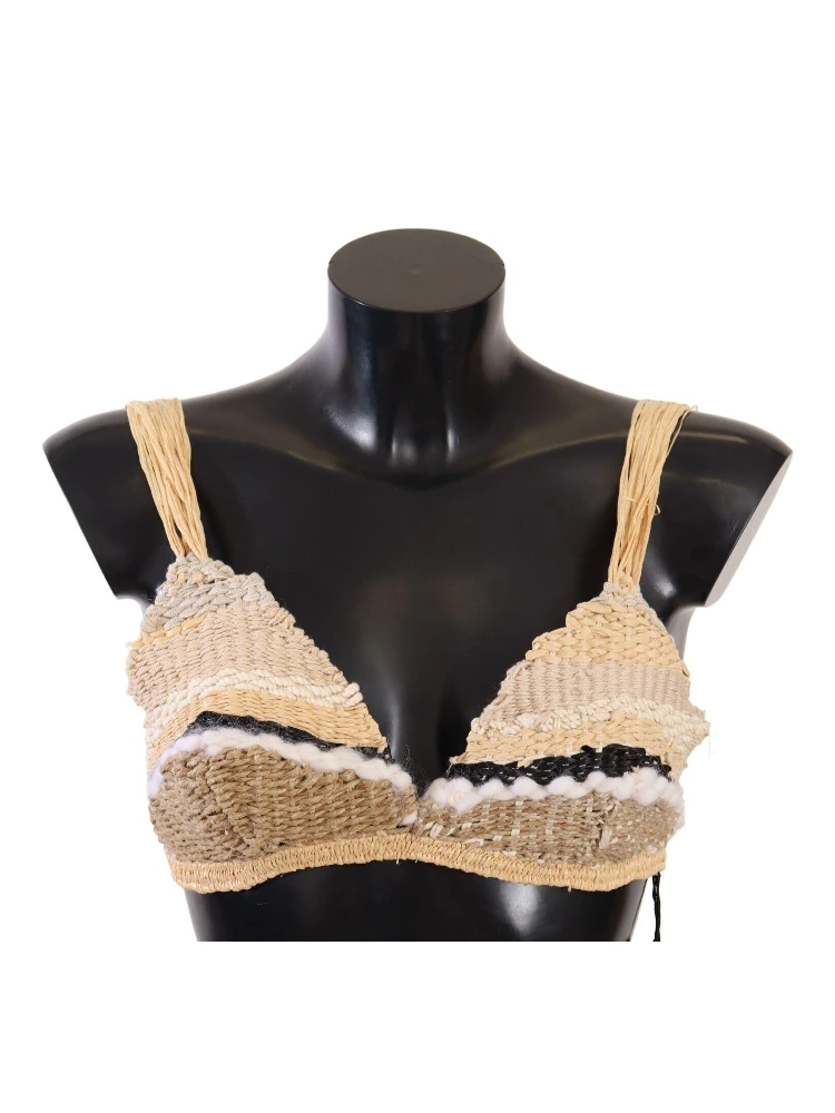 Beige Straw Raffia Woven Crochet Cover Up Top