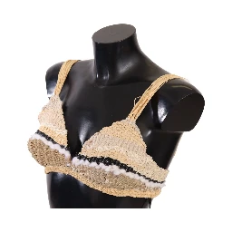 Beige Straw Raffia Woven Crochet Cover Up Top