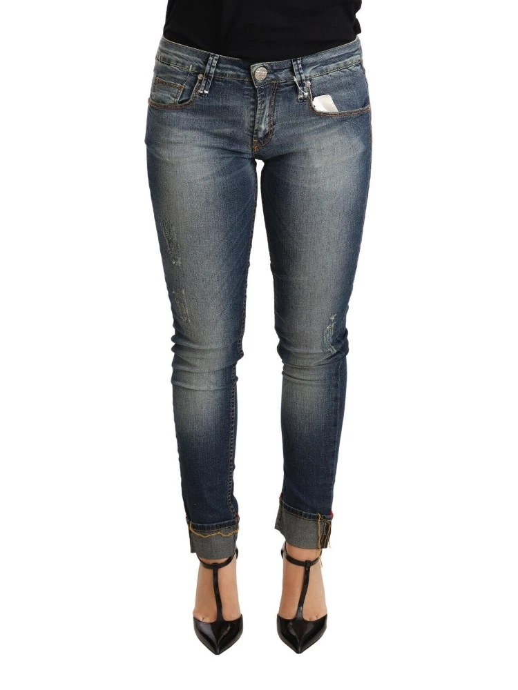 Blue Washed Cotton Low Waist Skinny Denim Women Trouser Jeans