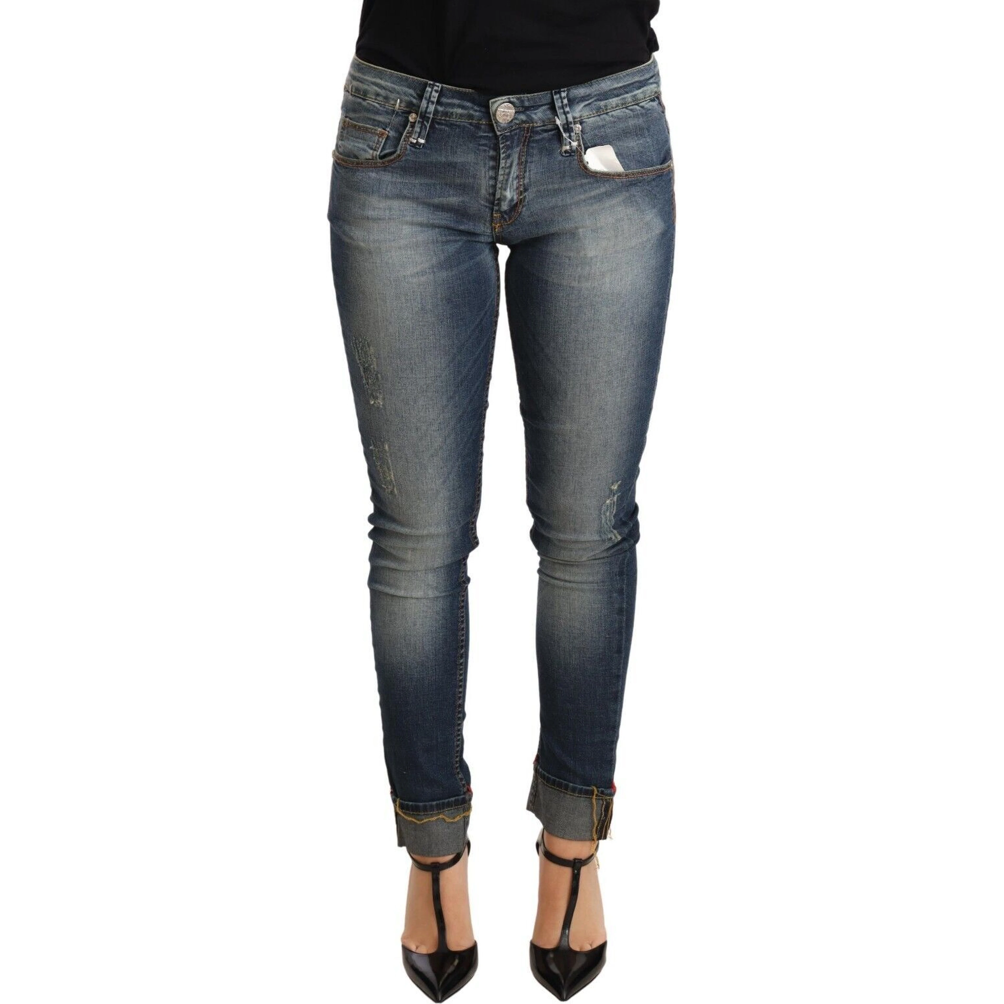 Blue Washed Cotton Low Waist Skinny Denim Women Trouser Jeans