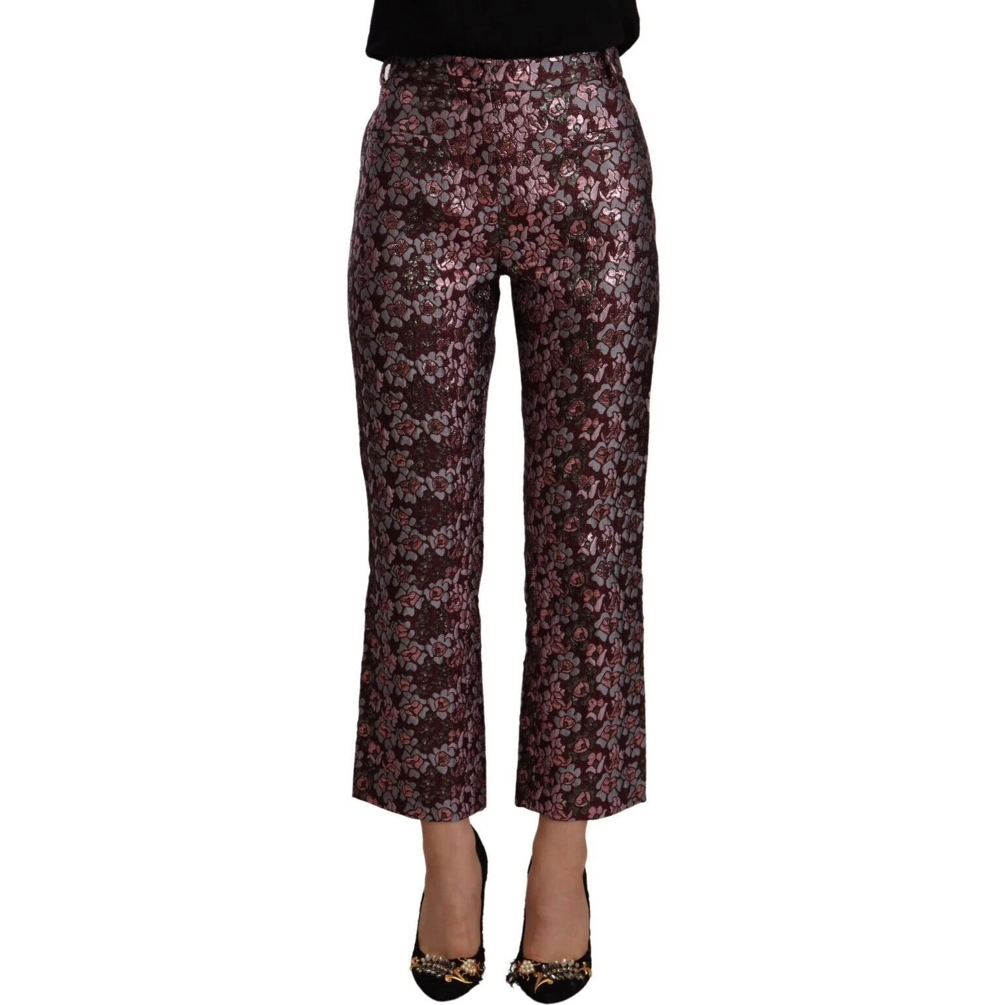 Multicolor Floral Jacquard Flared Cropped Pants