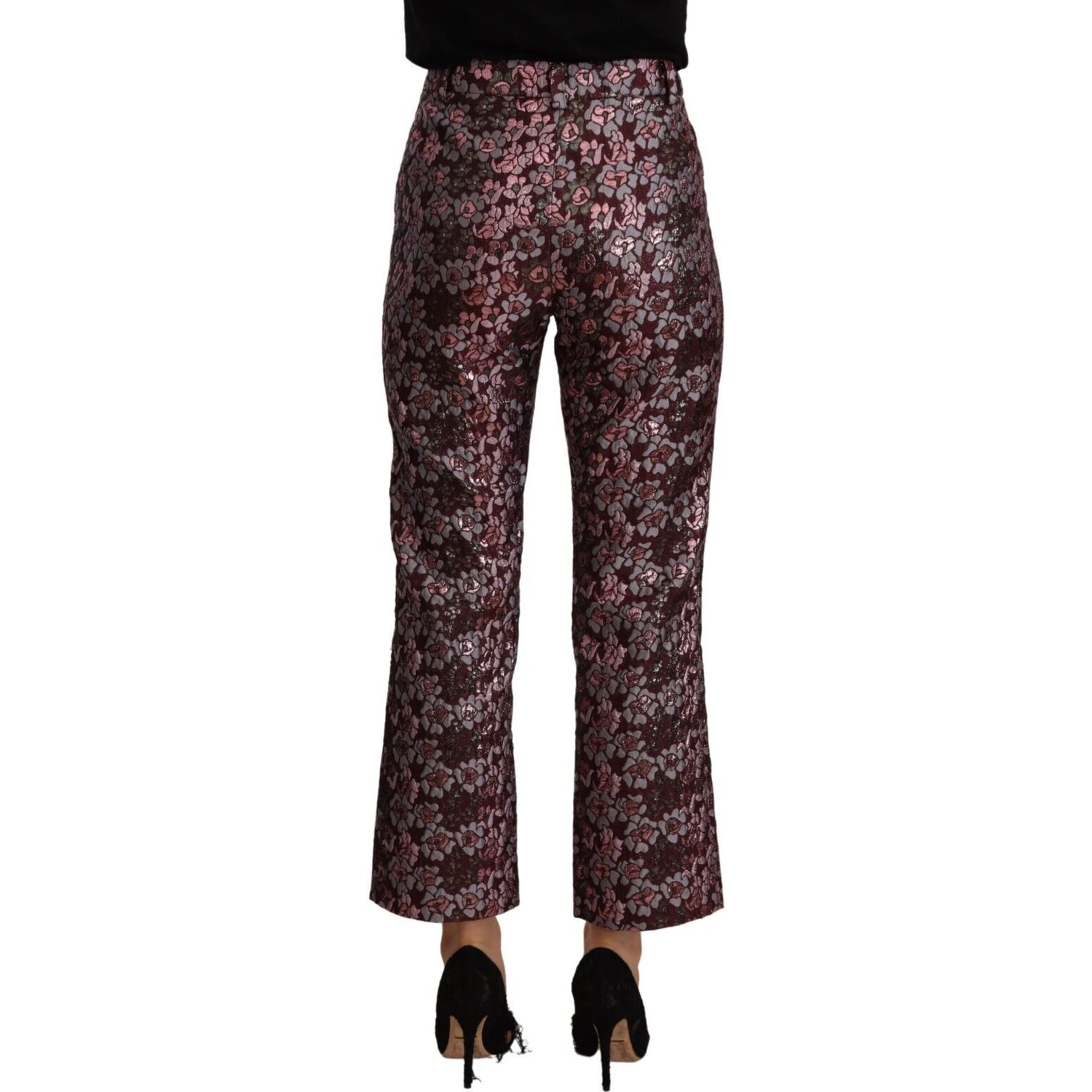 Multicolor Floral Jacquard Flared Cropped Pants