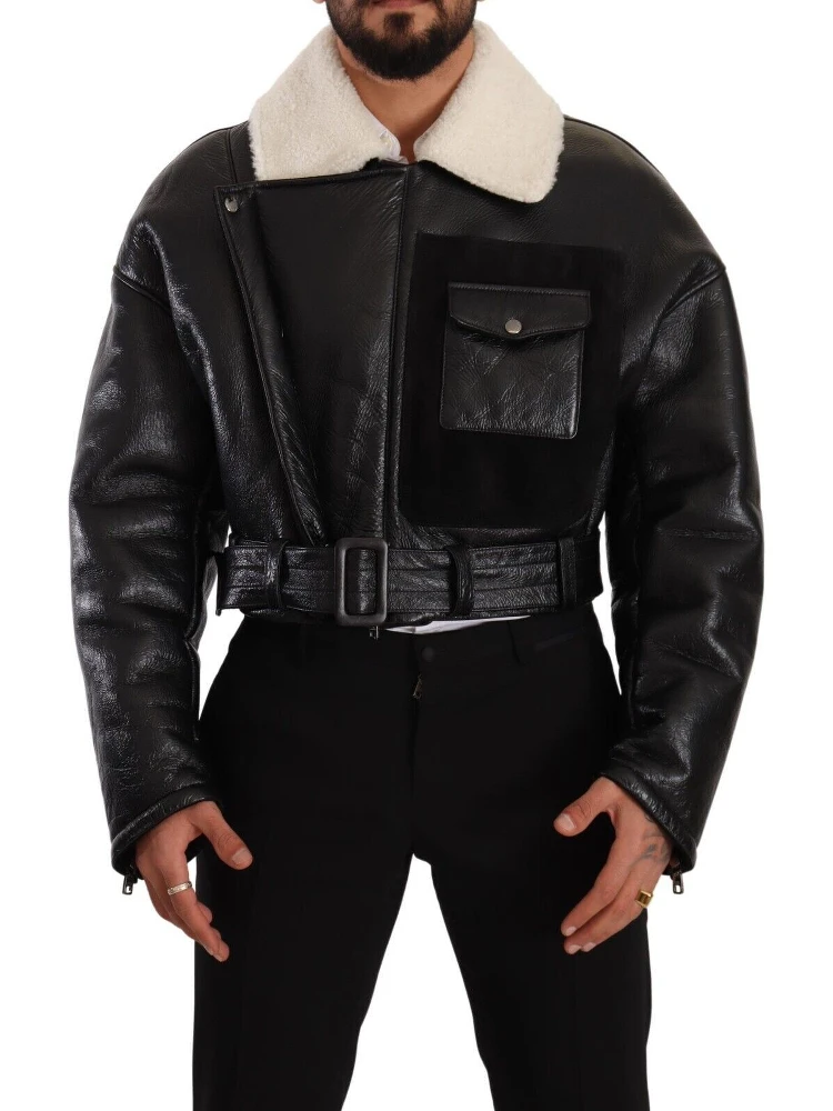 Black Leather Shearling Biker Coat Jacket