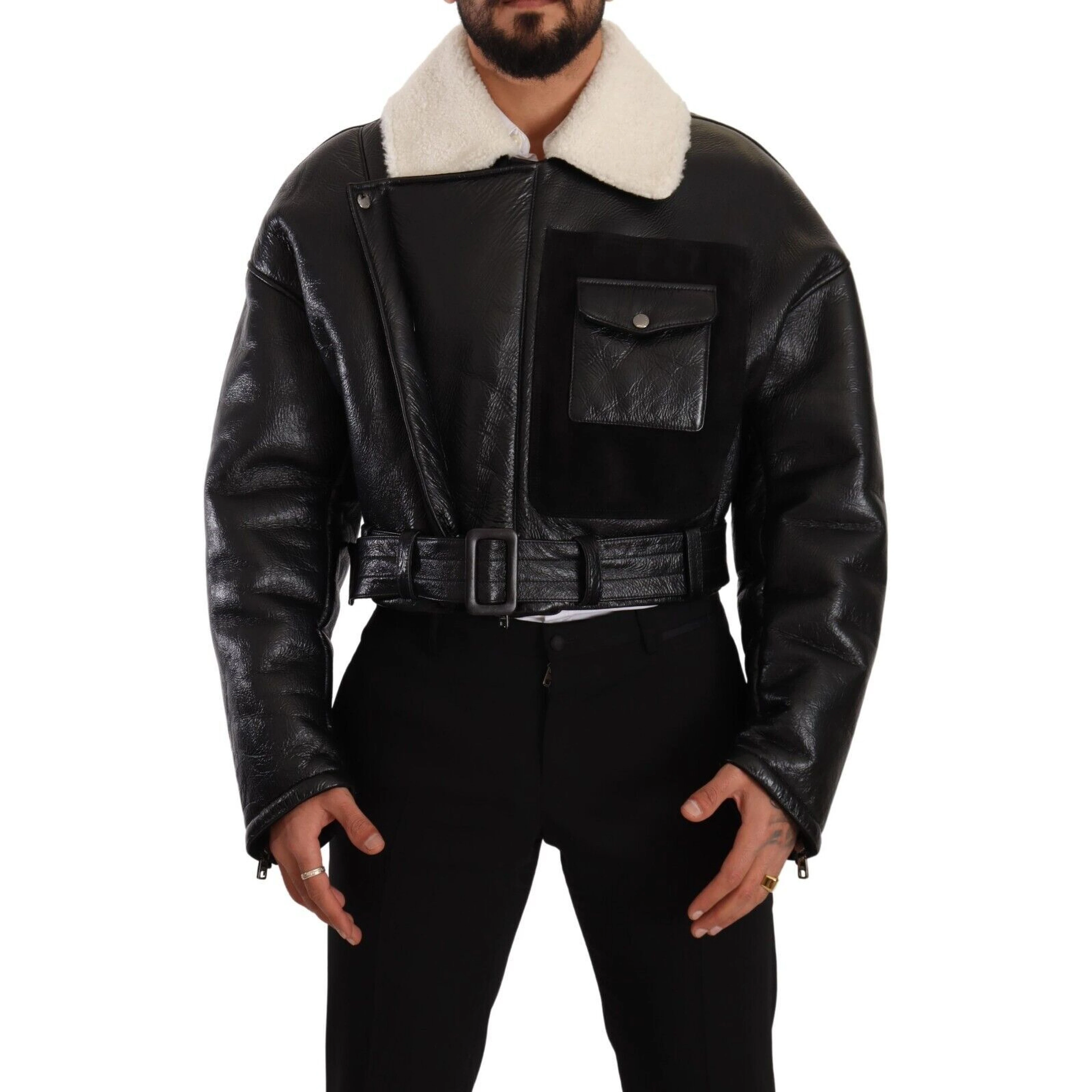 Black Leather Shearling Biker Coat Jacket